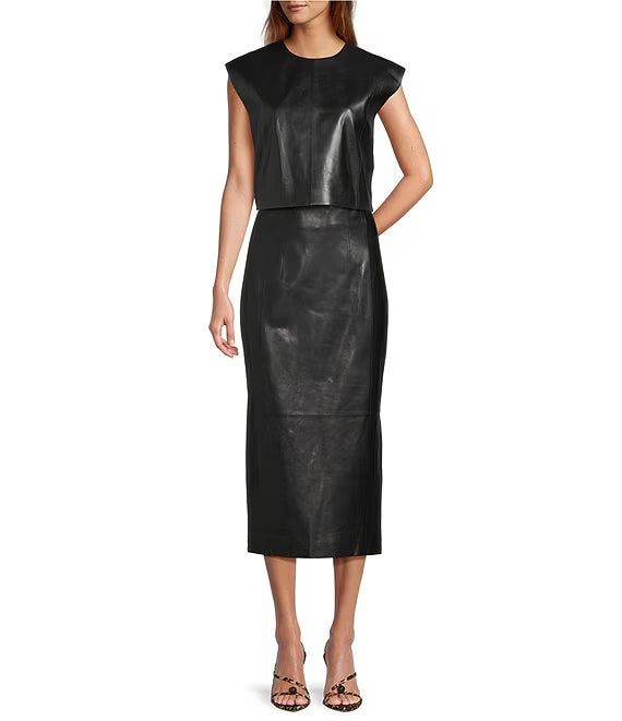 XIAOCHAN-Amelia Genuine Leather Midi Skirt