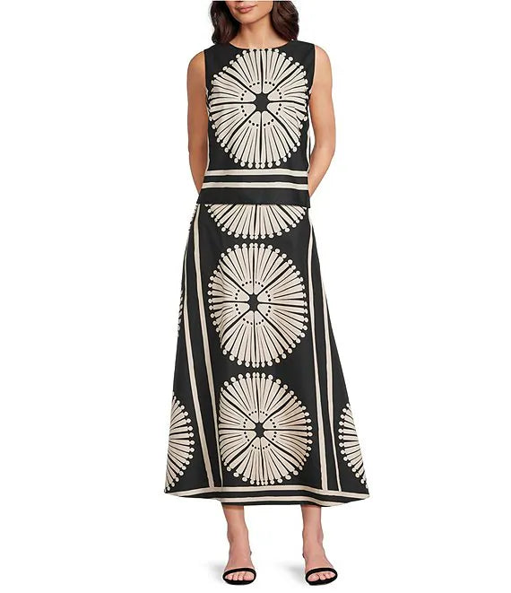 XIAOCHAN-Woven Geometric Fan Print Mid Rise A-Line Flounce Midi Coordinating Skirt
