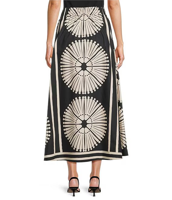 XIAOCHAN-Woven Geometric Fan Print Mid Rise A-Line Flounce Midi Coordinating Skirt