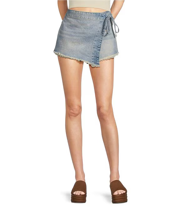 XIAOCHAN-Emmy Denim High Waisted Asymmetric Raw Hem Tie Side Mini Skort