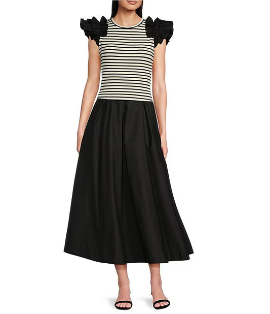 XIAOCHAN-Woven Poplin High Rise Pleated A-Line Flounce Maxi Skirt