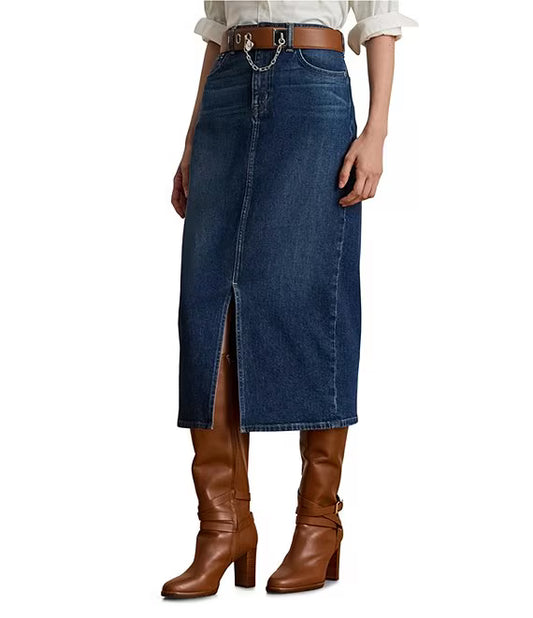 XIAOCHAN-Cotton Blend Denim Midi Pencil Skirt