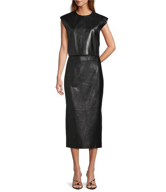 XIAOCHAN-Amelia Genuine Leather Midi Skirt