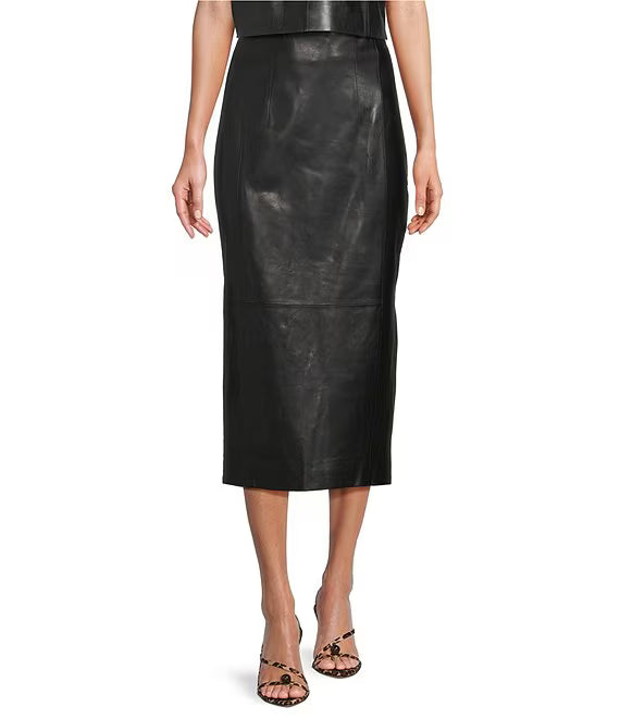 XIAOCHAN-Amelia Genuine Leather Midi Skirt