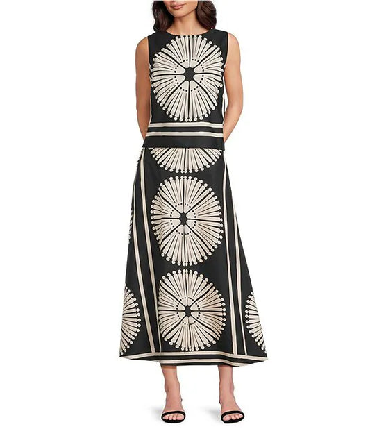 XIAOCHAN-Woven Geometric Fan Print Mid Rise A-Line Flounce Midi Coordinating Skirt
