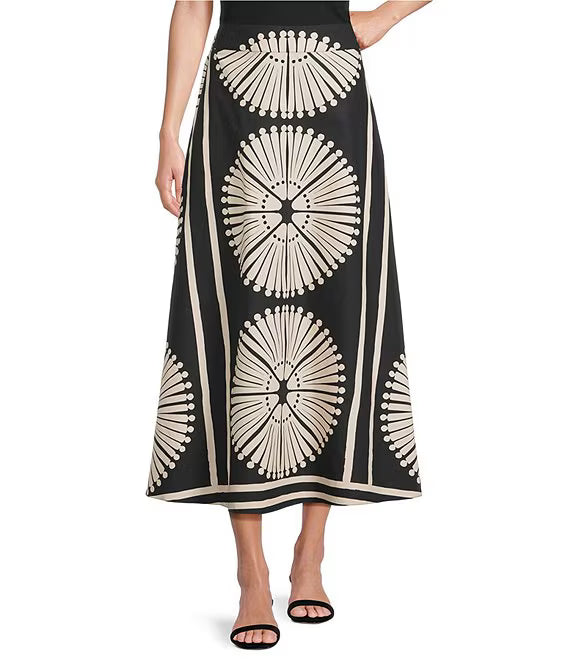 XIAOCHAN-Woven Geometric Fan Print Mid Rise A-Line Flounce Midi Coordinating Skirt